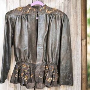 Embroidered Brown Peplum Leather Jacket with Gold Accents Size 12